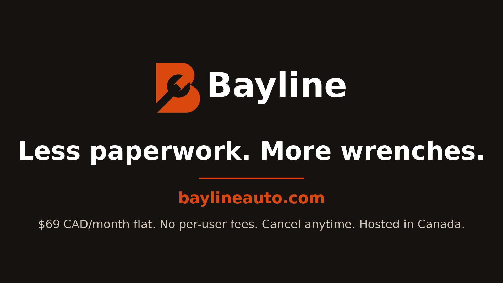 Bayline — Less paperwork. More wrenches. baylineauto.com — $69 CAD per month flat, no per-user fees, cancel anytime, hosted in Canada