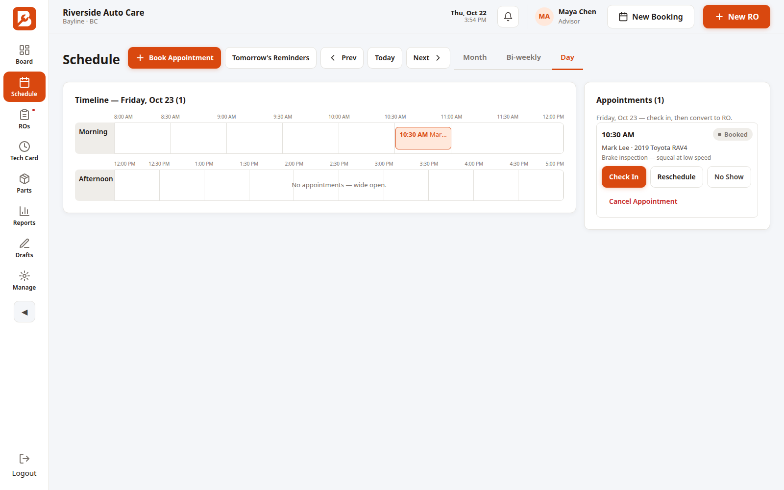 An advisor's Schedule day view with the day's appointment and its check-in actions