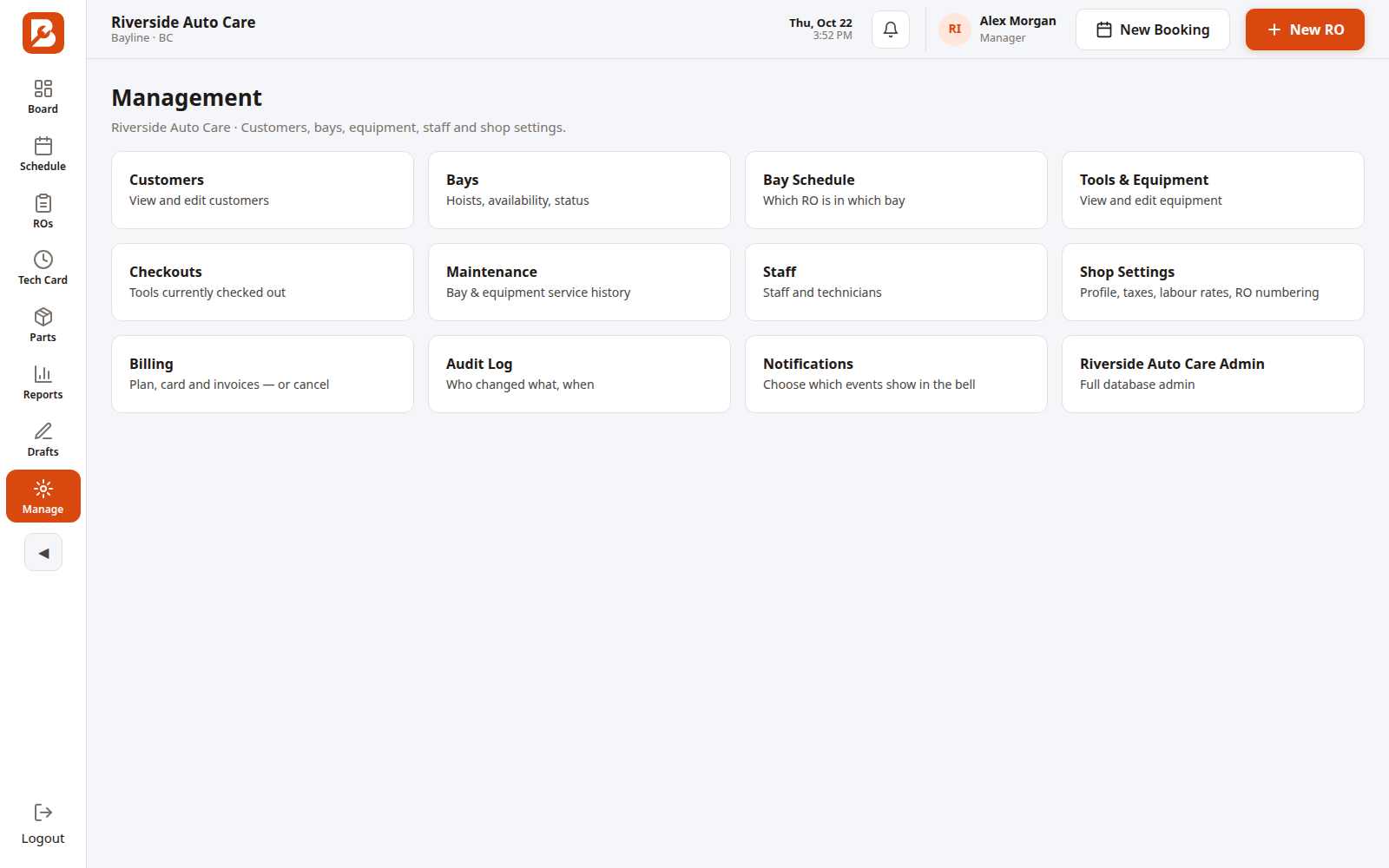 The Manage area a manager sees: customers, bays, staff, shop settings, billing and audit log