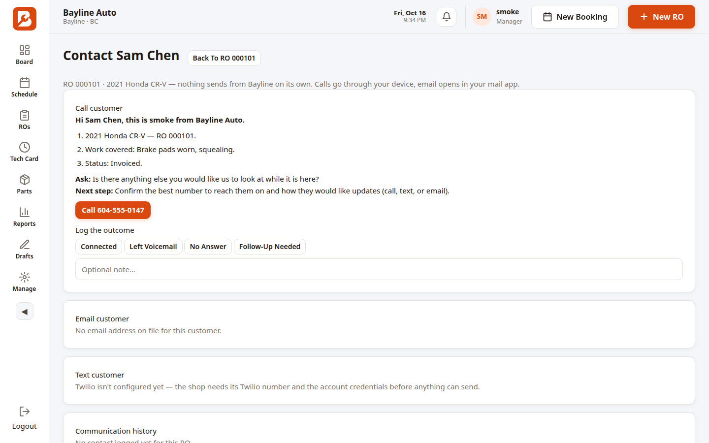 Bayline customer contact panel with call brief and SMS composer