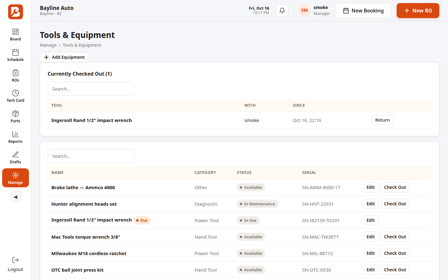 Bayline tools and equipment list with check-out status