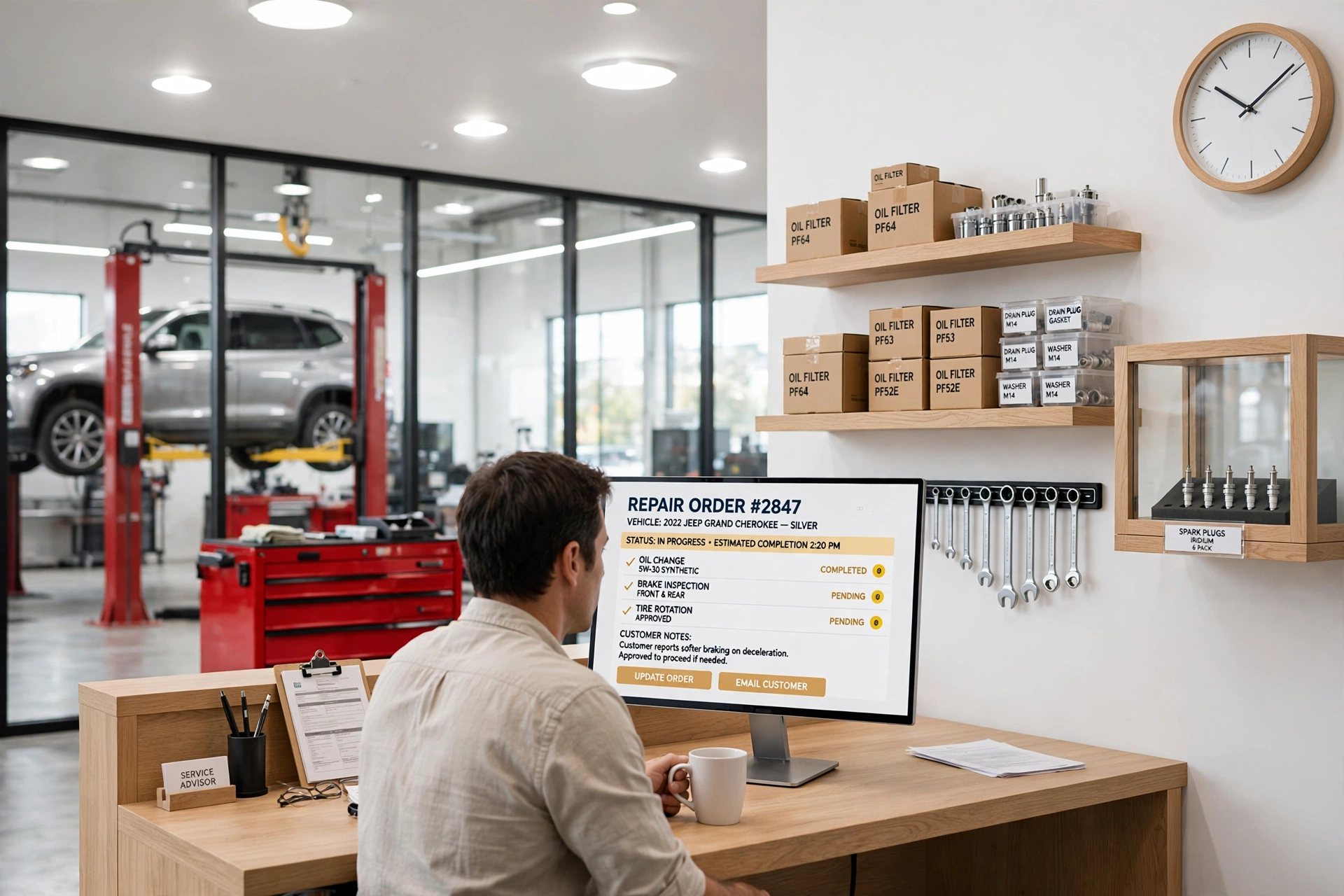 A bright modern auto repair shop office — a service advisor with coffee at a computer showing a repair order, parts and tools on the walls, and a car on a hoist visible through the glass window to the workshop